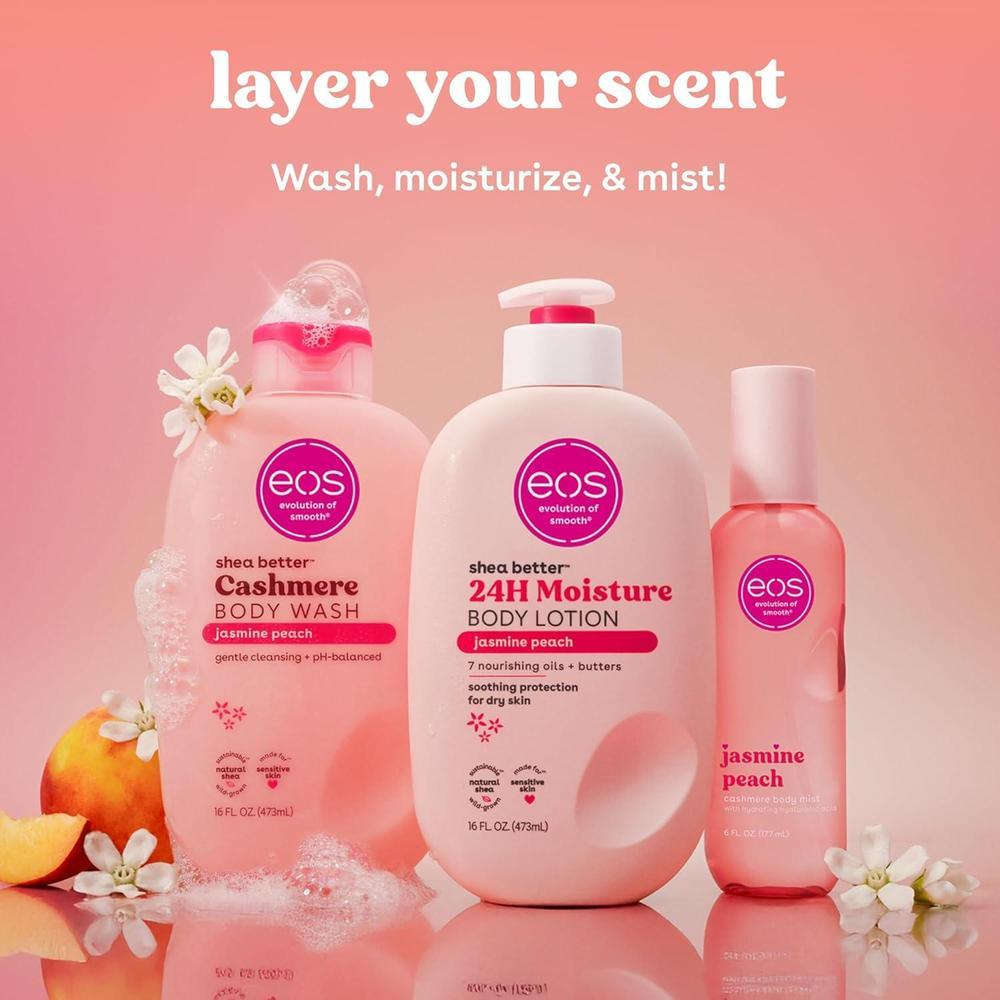 Spray corporal eos de cachemira, aroma jazmín y melocotón, hidratante con ácido hialurónico y glicerina, vegano y cruelty-free