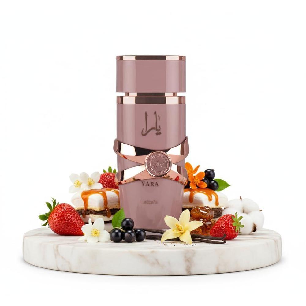 Lattafa Yara Elixir Eau De Parfum con deliciosas notas de fresa, grosella y un toque floral de jazmín y flor de naranja