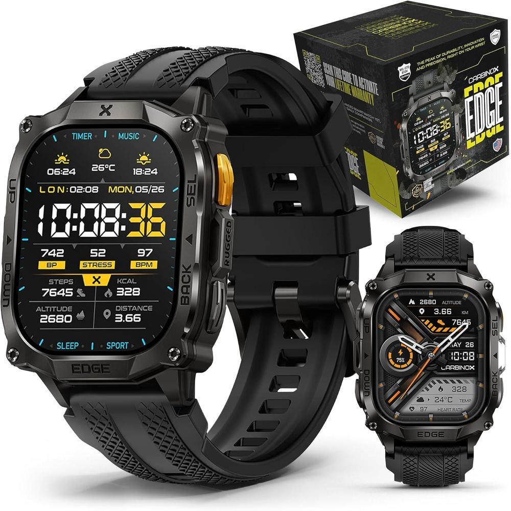 CARBINOX Edge Smart Watch Rugged, 1.96″ AMOLED, Stainless Steel, IP69K/5ATM Fitness trackers, Dual-Band GNSS, 500mAh, Bluetooth Calls, Smart Watch for Android Phones iOS (Black)