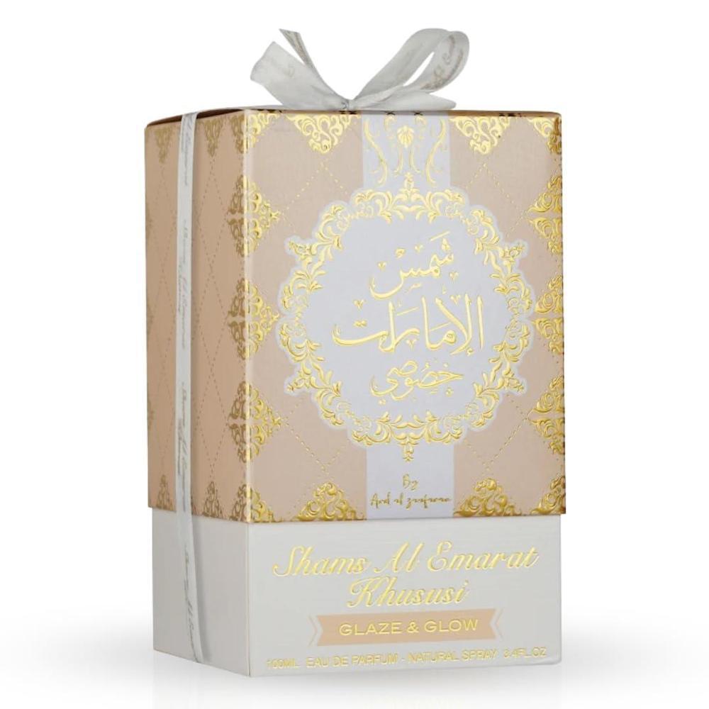 Ard al Zaafaran Shams Al Emarat Khususi Glaze & Glow Perfume árabe de larga duración para mujer, floral y afrutado