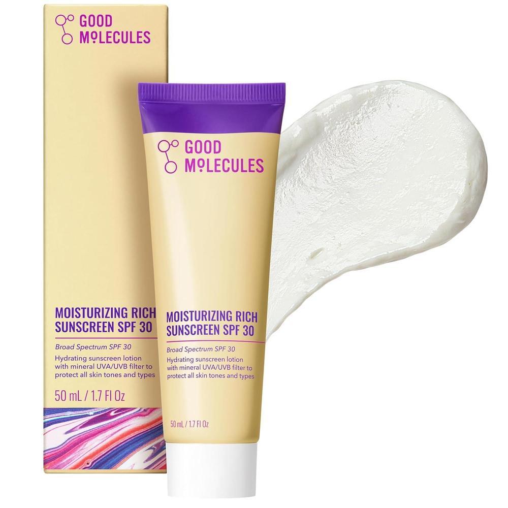 Good Molecules Protector solar hidratante rico SPF 30 – Óxido de zinc mineral 11% de amplio espectro protección UVA/UVB, protector solar facial hidratante, sin fragancia, 1.7 fl oz