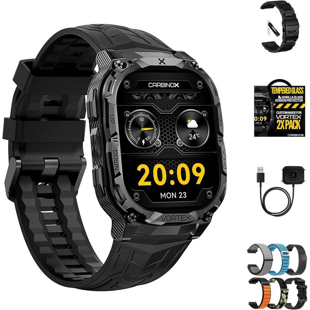 CARBINOX Vortex Smartwatch (Answer/Make Calls), Military-Grade Rugged Fitness Tracker, IP69K Waterproof, Sport Design for Active Lifestyles (Black Ultimate Pack)