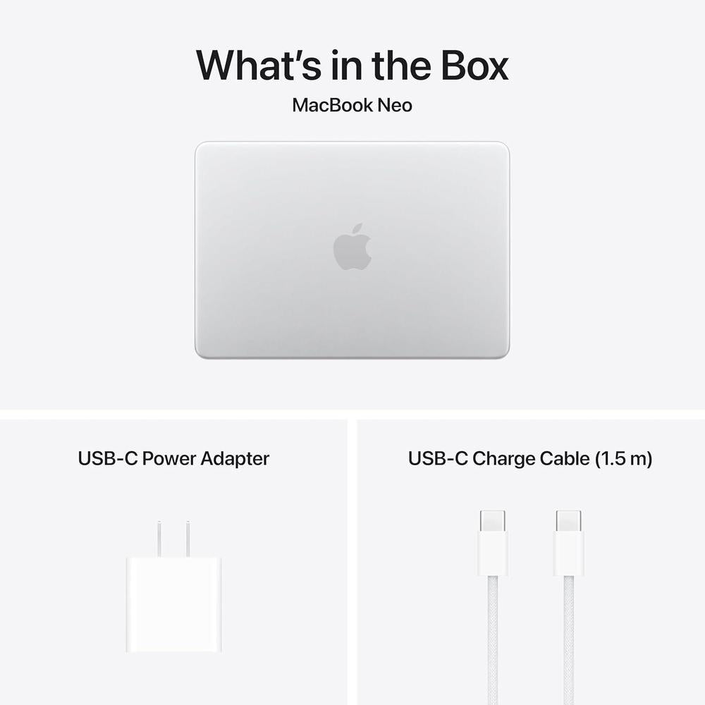 Apple MacBook Neo con chip A18 Pro, Liquid Retina, 8GB RAM, 512GB SSD, cámara 1080p FaceTime y Touch ID. Color plateado