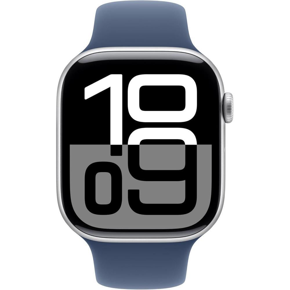 Apple Reloj Serie 10 [GPS 4.6 cm] con caja de aluminio plateada y correa deportiva de mezclilla - M/L. Fitness, ECG, pantalla Retina, resistente al agua