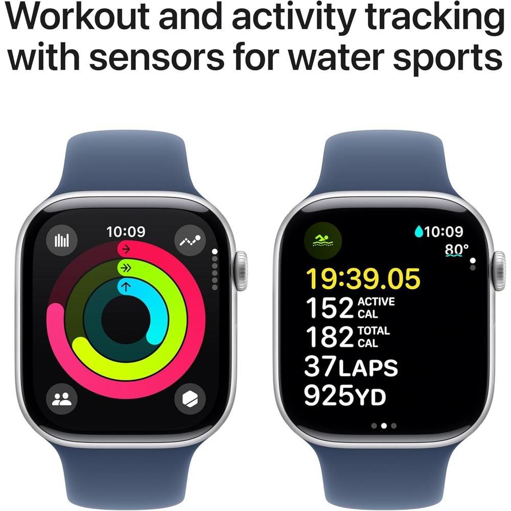 Apple Reloj Serie 10 [GPS 4.6 cm] con caja de aluminio plateada y correa deportiva de mezclilla - M/L. Fitness, ECG, pantalla Retina, resistente al agua