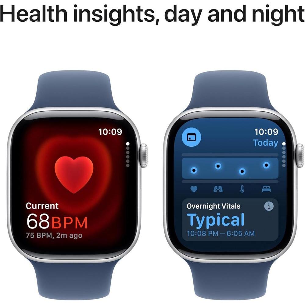 Apple Reloj Serie 10 [GPS 4.6 cm] con caja de aluminio plateada y correa deportiva de mezclilla - M/L. Fitness, ECG, pantalla Retina, resistente al agua