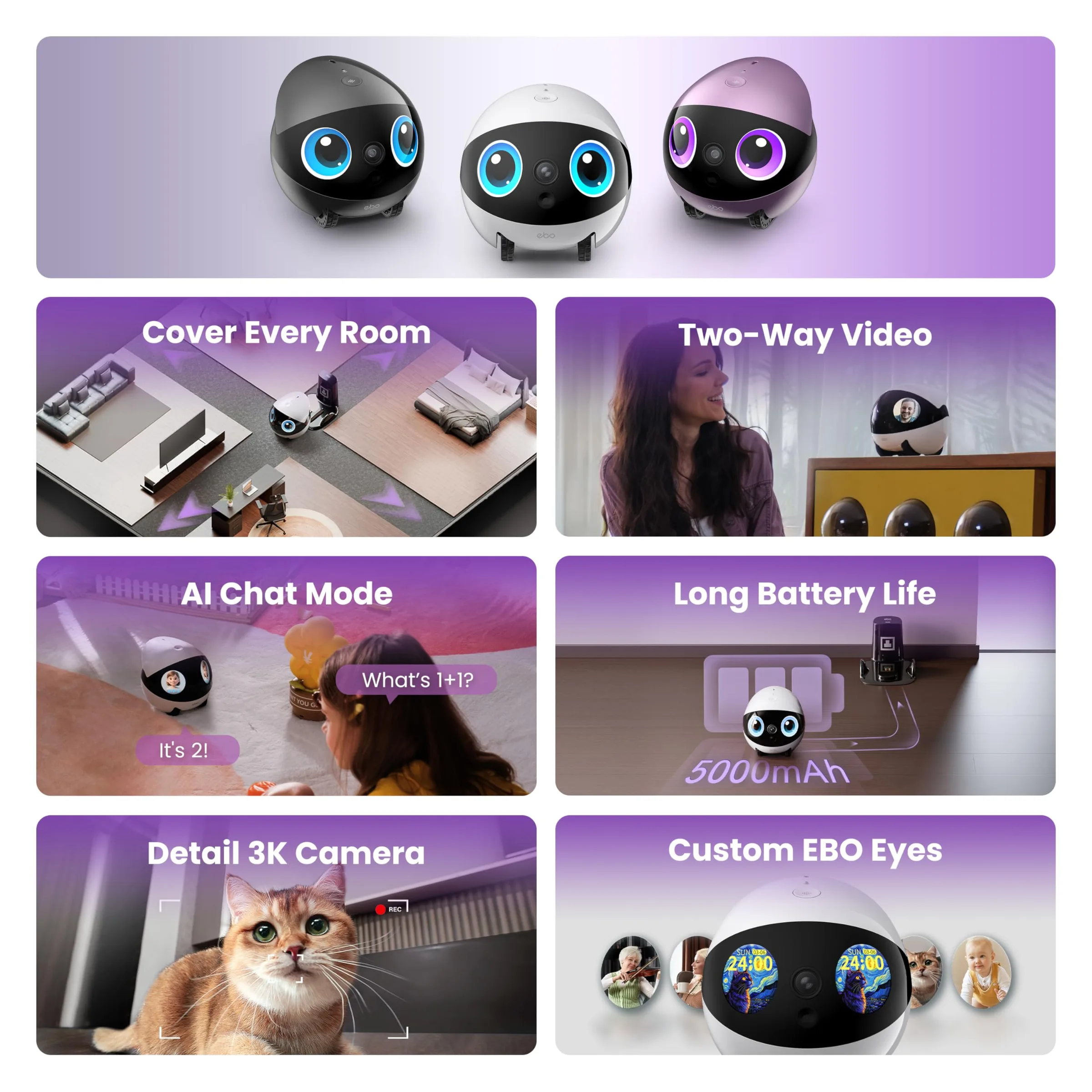 Enabot EBO FamilyBot 3K Home Robot EBO Air 2 Plus: Movable Indoor Camera Robot Companion, 2-Way Video, AI Chat Mode, Custom Facial Image, Auto-Recharge, Long Battery Life, Night Vision(Purple)