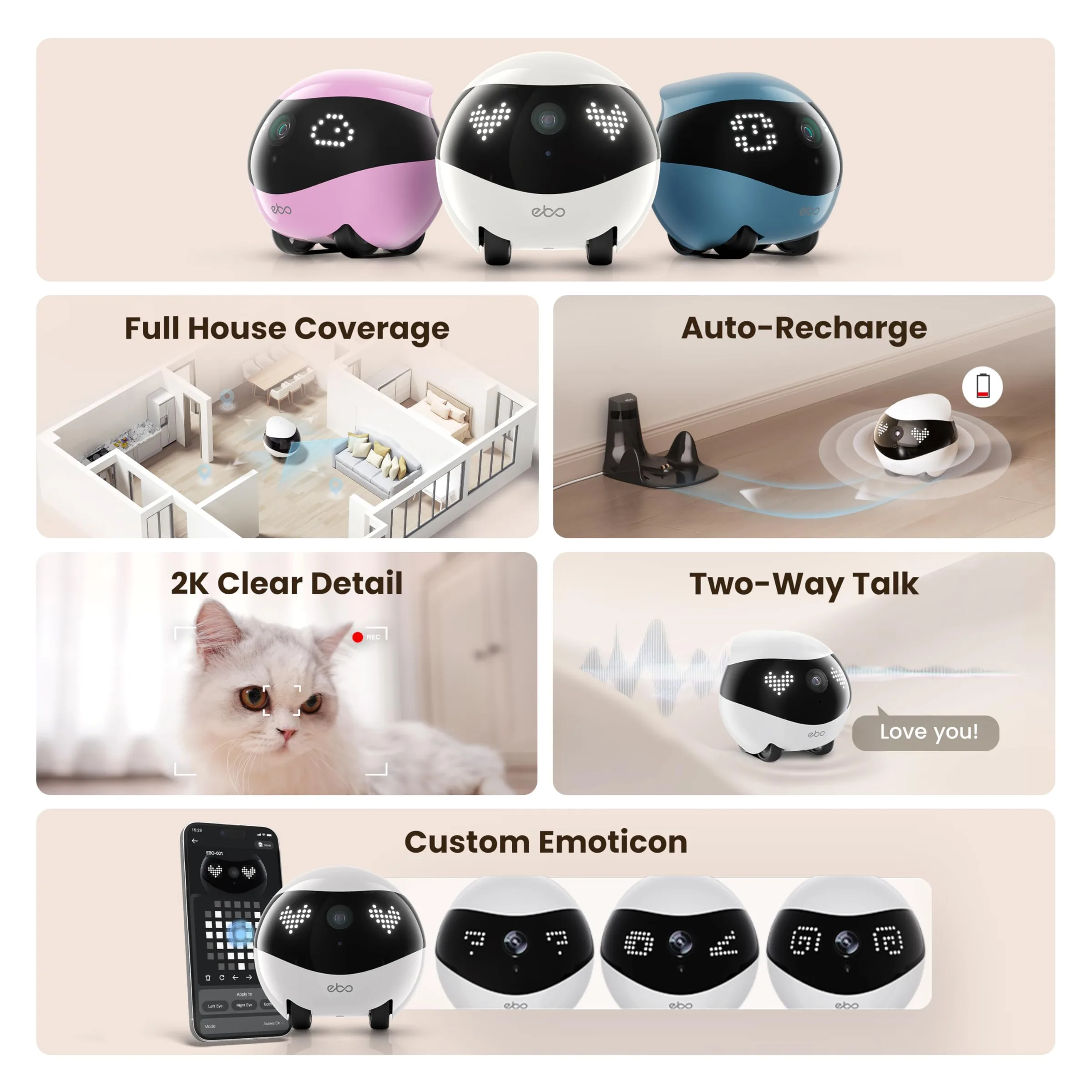 Enabot EBO FamilyBot Home Camera Robot EBO Air 2: 2K Movable Pet Camera, Indoor Robot Companion, Custom Facial Expression, Auto-Recharge, Battery-Operated, 2-Way Talk, Night Vision(Dove White)