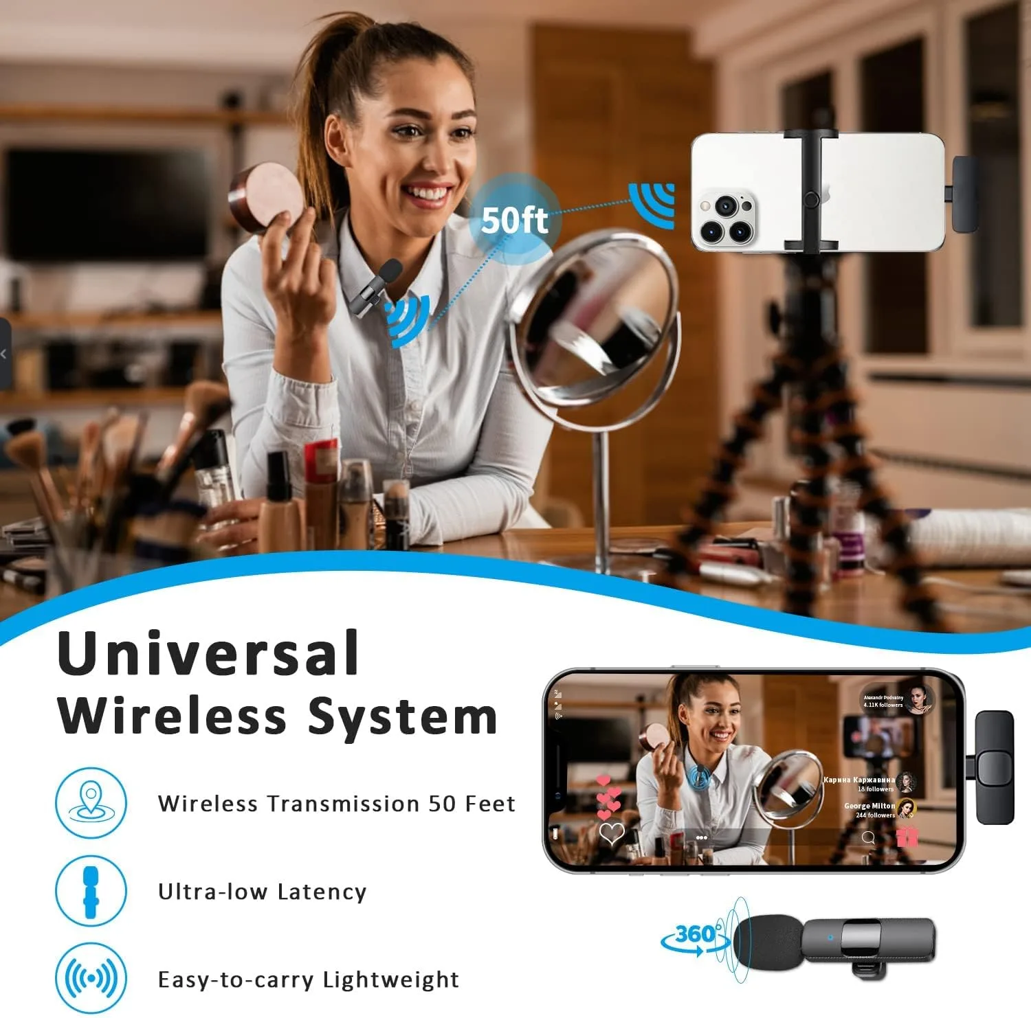 MAYBESTA Professional Wireless Lavalier Lapel Microphone for iPhone, iPad - Cordless Omnidirectional Condenser Recording Mic for Interview Video Podcast Vlog YouTube