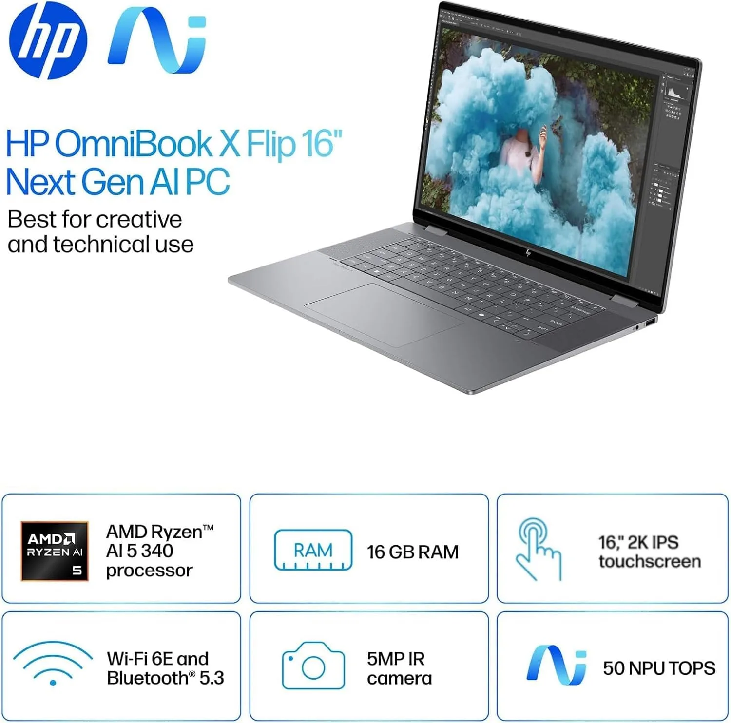 HP OmniBook X Flip 16" 2K Touchscreen 2-in-1 Copilot+ Laptop, AMD Ryzen AI 5 340, 16GB RAM 2TB SSD, Wi-Fi 6E, Bluetooth 5.3, Backlit Keyboard, 256gb 9H Docking Station, Windows 11 Pro, Meteor Silver