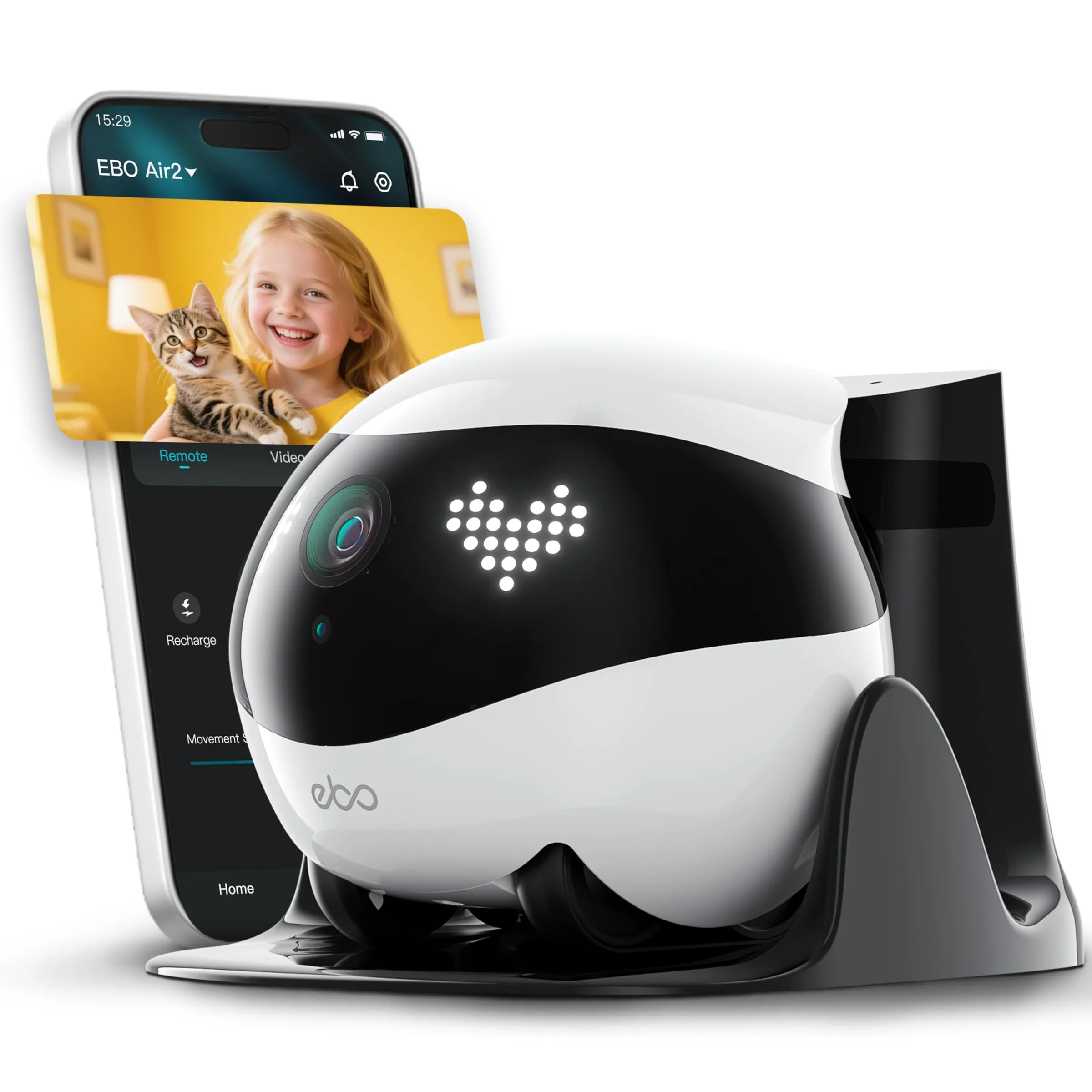 Enabot EBO FamilyBot Home Camera Robot EBO Air 2: 2K Movable Pet Camera, Indoor Robot Companion, Custom Facial Expression, Auto-Recharge, Battery-Operated, 2-Way Talk, Night Vision(Dove White)