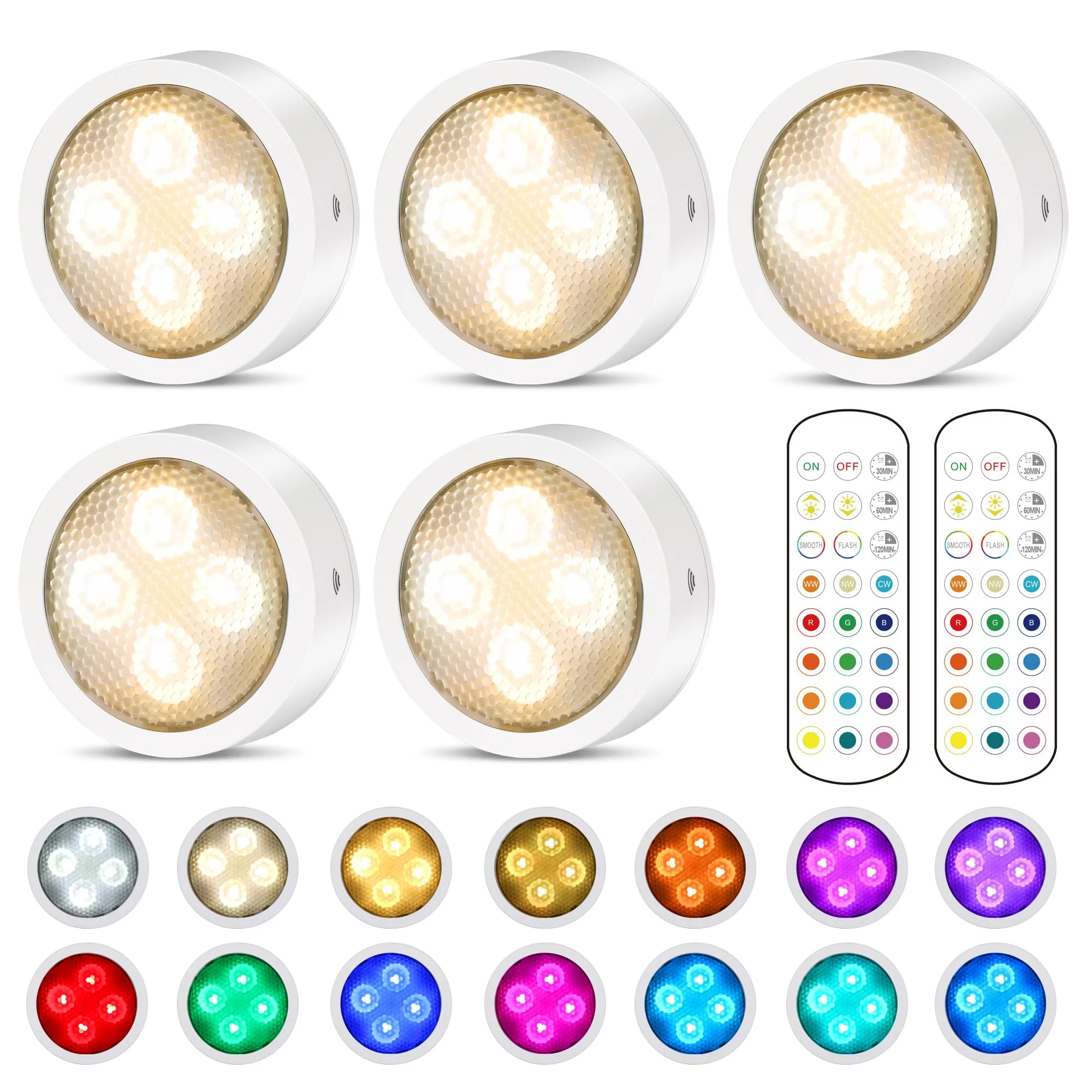 Luces de disco con control remoto, funciona con pilas, iluminación LED inalámbrica para debajo del gabinete, luces de empuje, luces de empuje que cambian de color para cocina, armarios, estantes, paquete de 5 unidades, color blanco