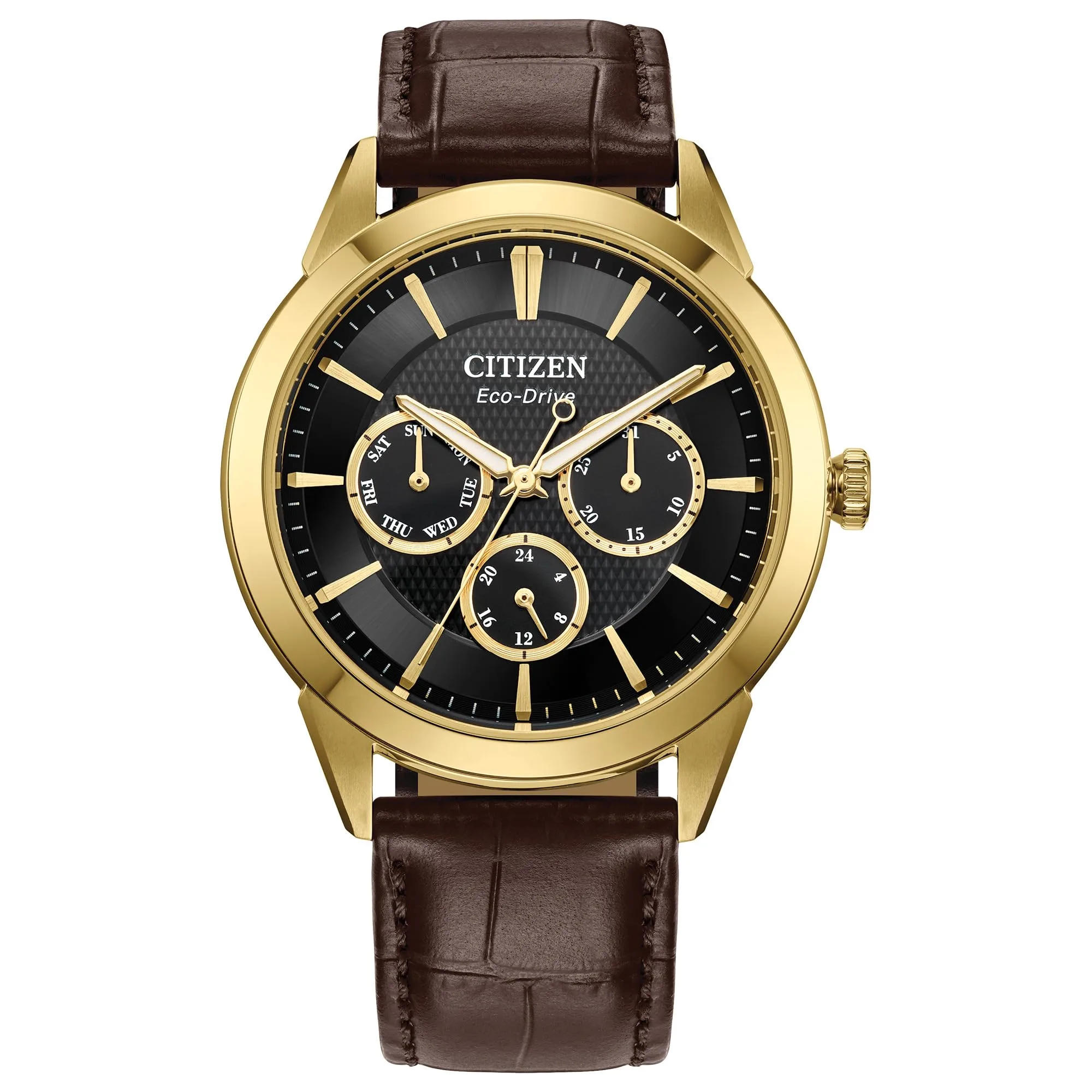 Citizen Men's Eco-Drive Dress Classic Rolan Watch, Brown Leather Strap, Black Dial, 12/24 Hour Time, Analog Day/Date (Model: BU2112-06E)
