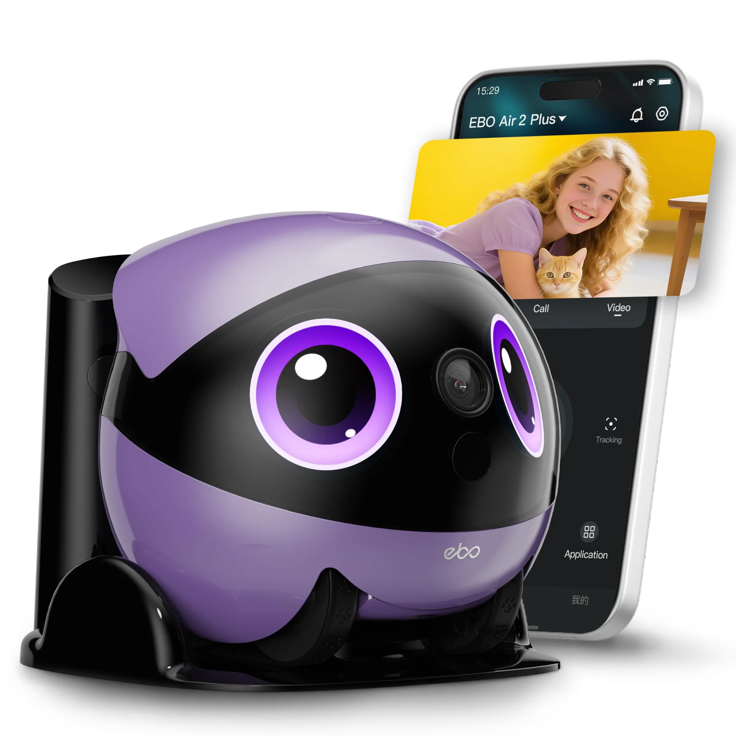 Enabot EBO FamilyBot 3K Home Robot EBO Air 2 Plus: Movable Indoor Camera Robot Companion, 2-Way Video, AI Chat Mode, Custom Facial Image, Auto-Recharge, Long Battery Life, Night Vision(Purple)
