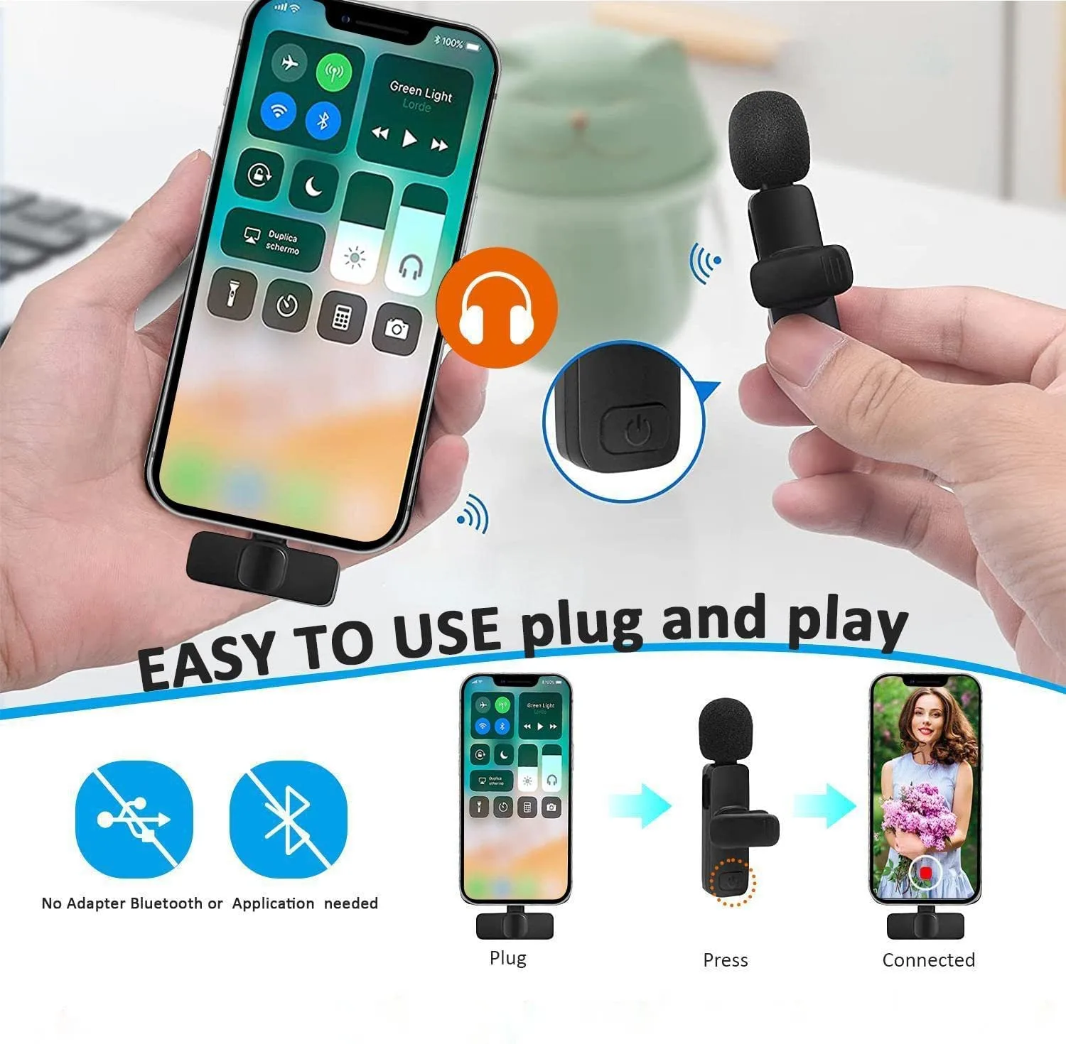 MAYBESTA Professional Wireless Lavalier Lapel Microphone for iPhone, iPad - Cordless Omnidirectional Condenser Recording Mic for Interview Video Podcast Vlog YouTube