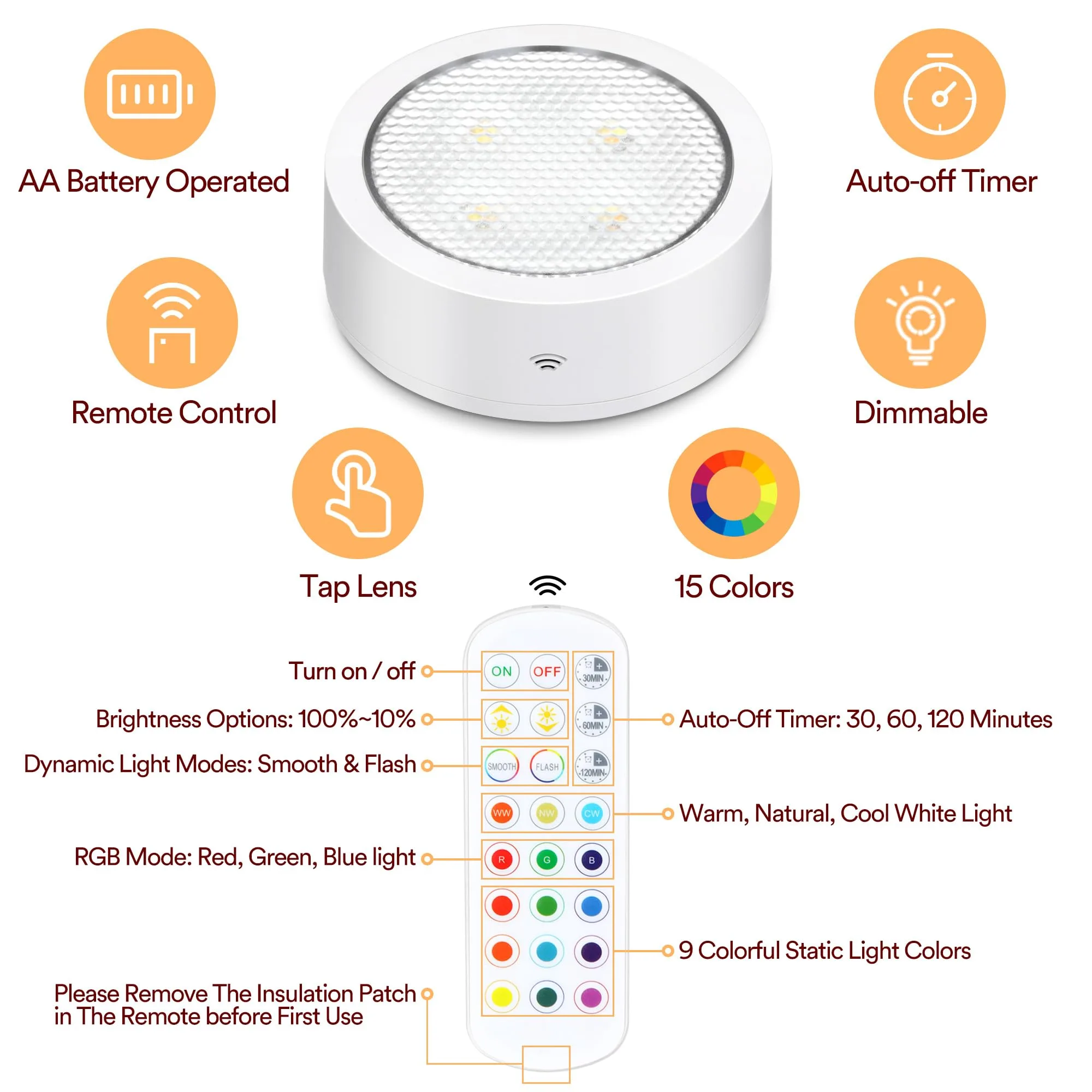 Luces de disco con control remoto, funciona con pilas, iluminación LED inalámbrica para debajo del gabinete, luces de empuje, luces de empuje que cambian de color para cocina, armarios, estantes, paquete de 5 unidades, color blanco