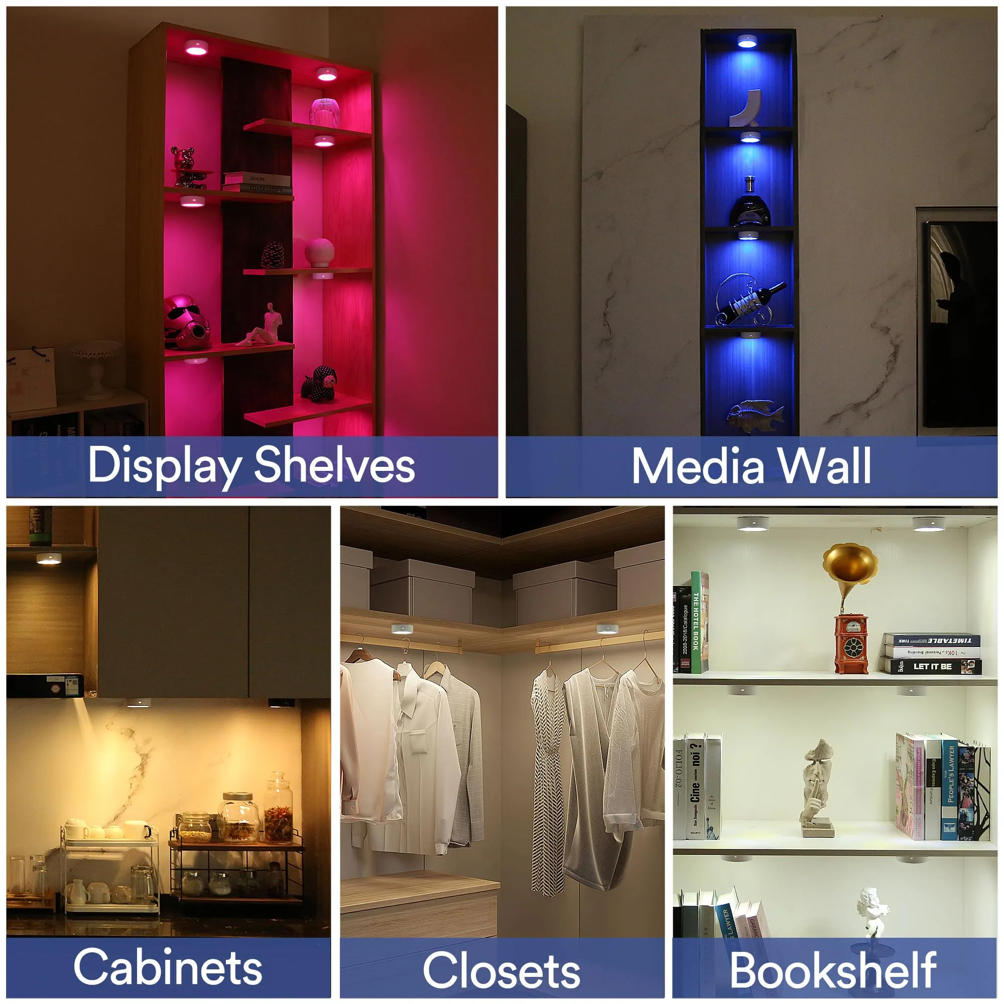 Luces de disco con control remoto, funciona con pilas, iluminación LED inalámbrica para debajo del gabinete, luces de empuje, luces de empuje que cambian de color para cocina, armarios, estantes, paquete de 5 unidades, color blanco