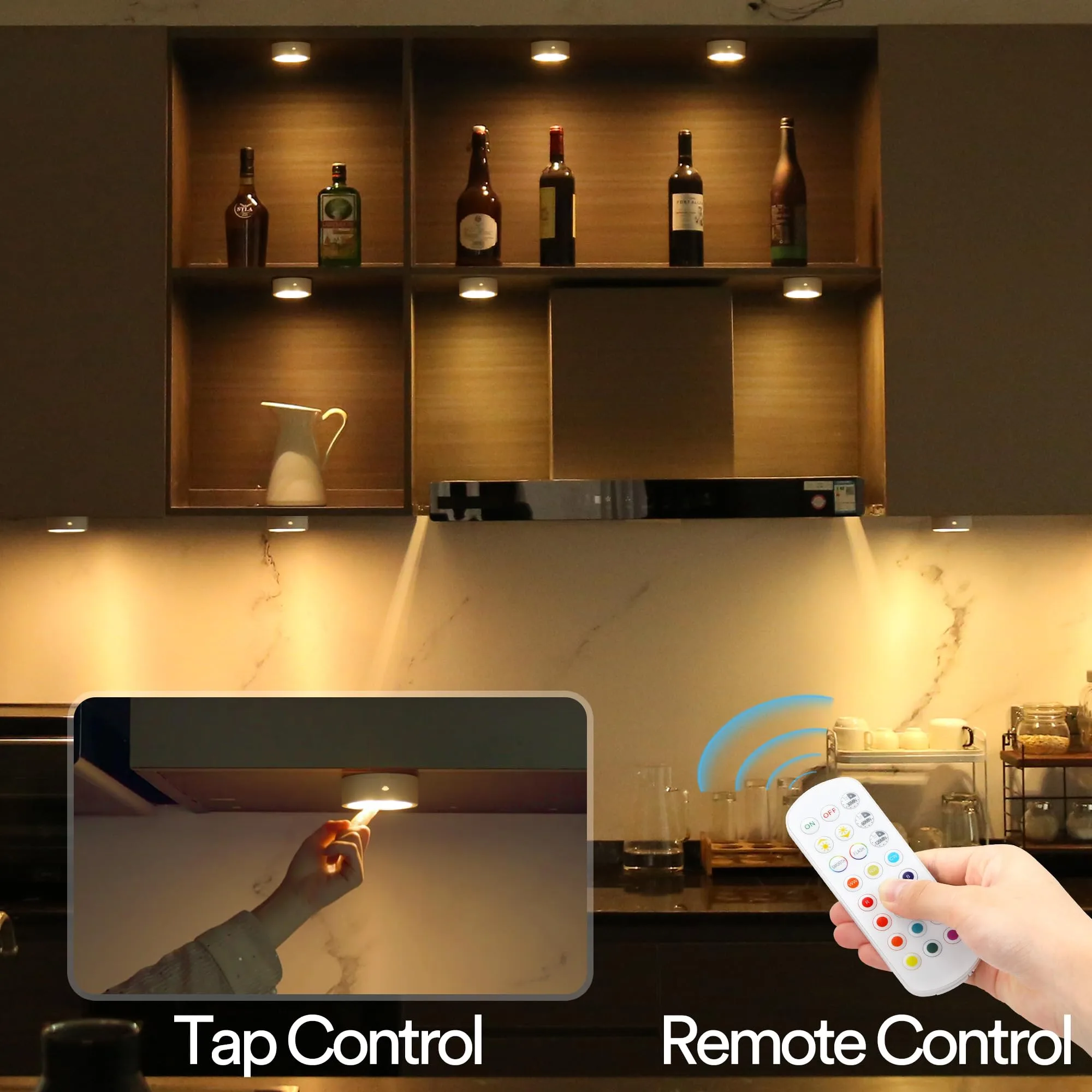 Luces de disco con control remoto, funciona con pilas, iluminación LED inalámbrica para debajo del gabinete, luces de empuje, luces de empuje que cambian de color para cocina, armarios, estantes, paquete de 5 unidades, color blanco