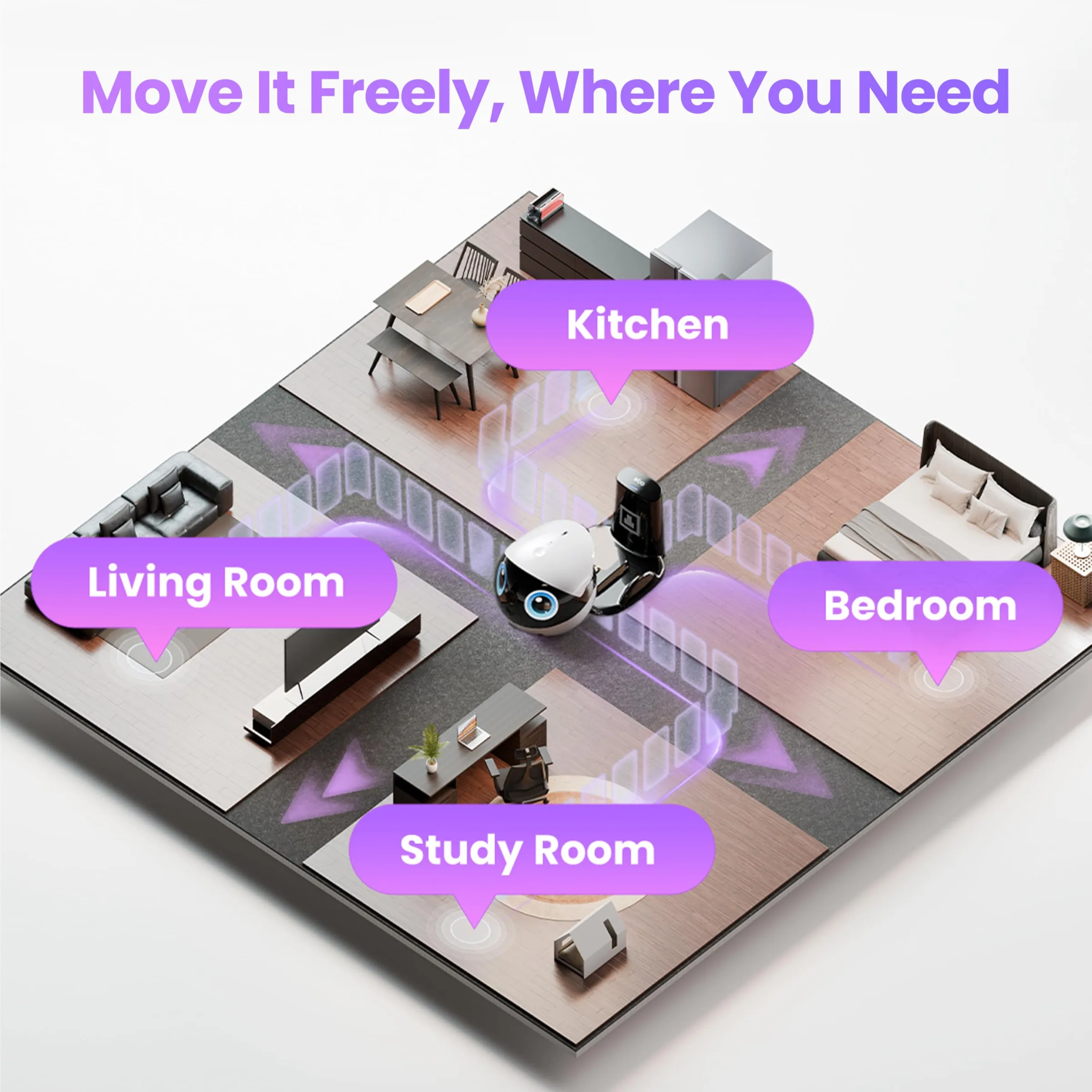 Enabot EBO FamilyBot 3K Home Robot EBO Air 2 Plus: Movable Indoor Camera Robot Companion, 2-Way Video, AI Chat Mode, Custom Facial Image, Auto-Recharge, Long Battery Life, Night Vision(Purple)